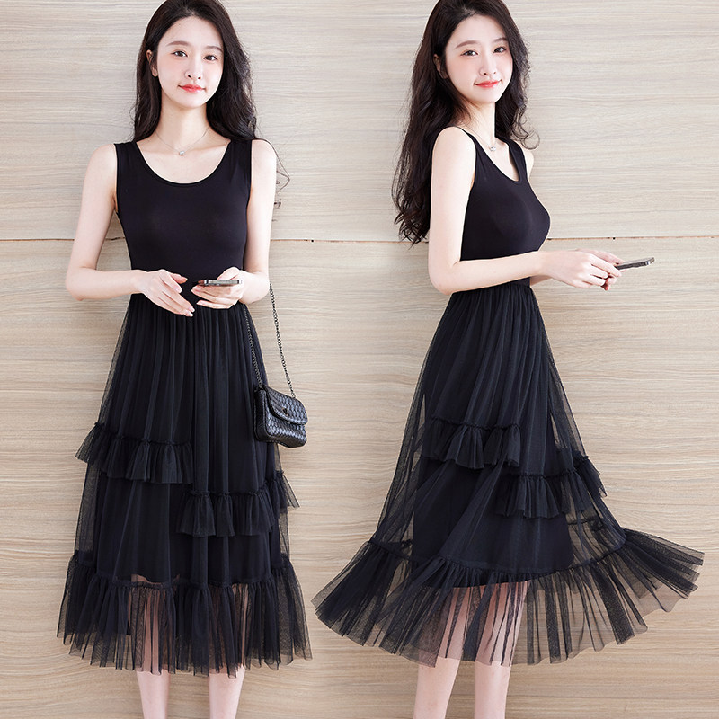 吊带连衣裙女春季新款内搭网纱裙莫代尔纱裙外穿黑色不规则打底裙