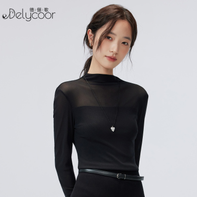 黑色网纱打底衫女半高领蕾丝衫
