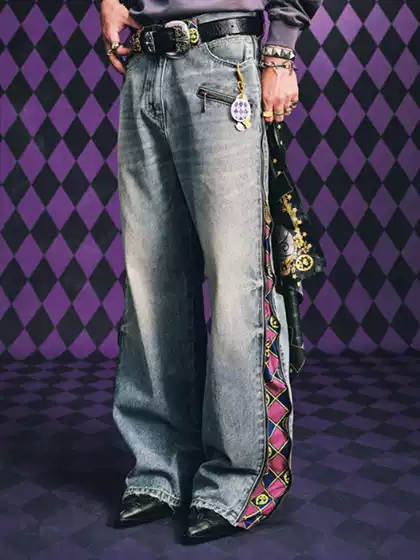 Men's Vintage Wash Streetwear Zip Plaid Patchwork Denim Jeans Wide Leg Relaxed Fit