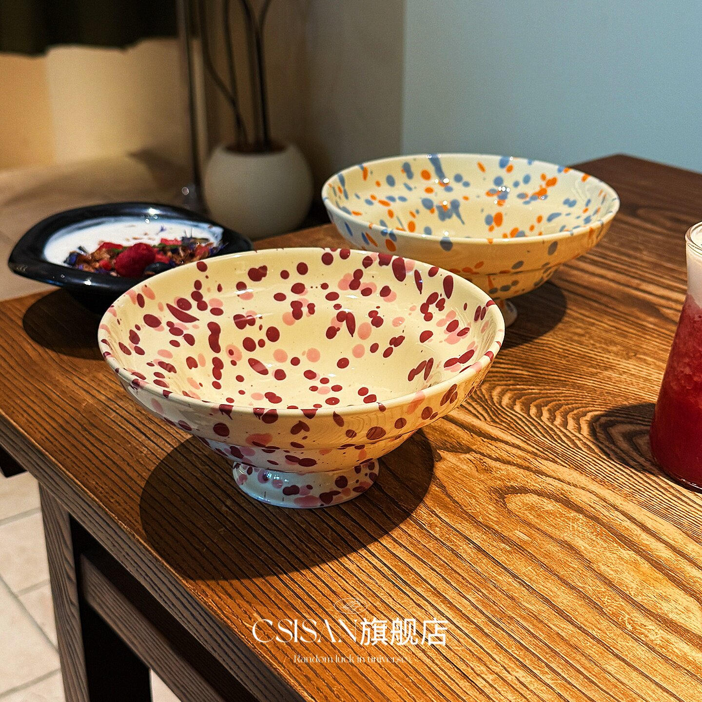 艺术感满满的彩点果碗｜中古泼墨高脚碗陶瓷高脚沙拉碗水果甜品碗图片