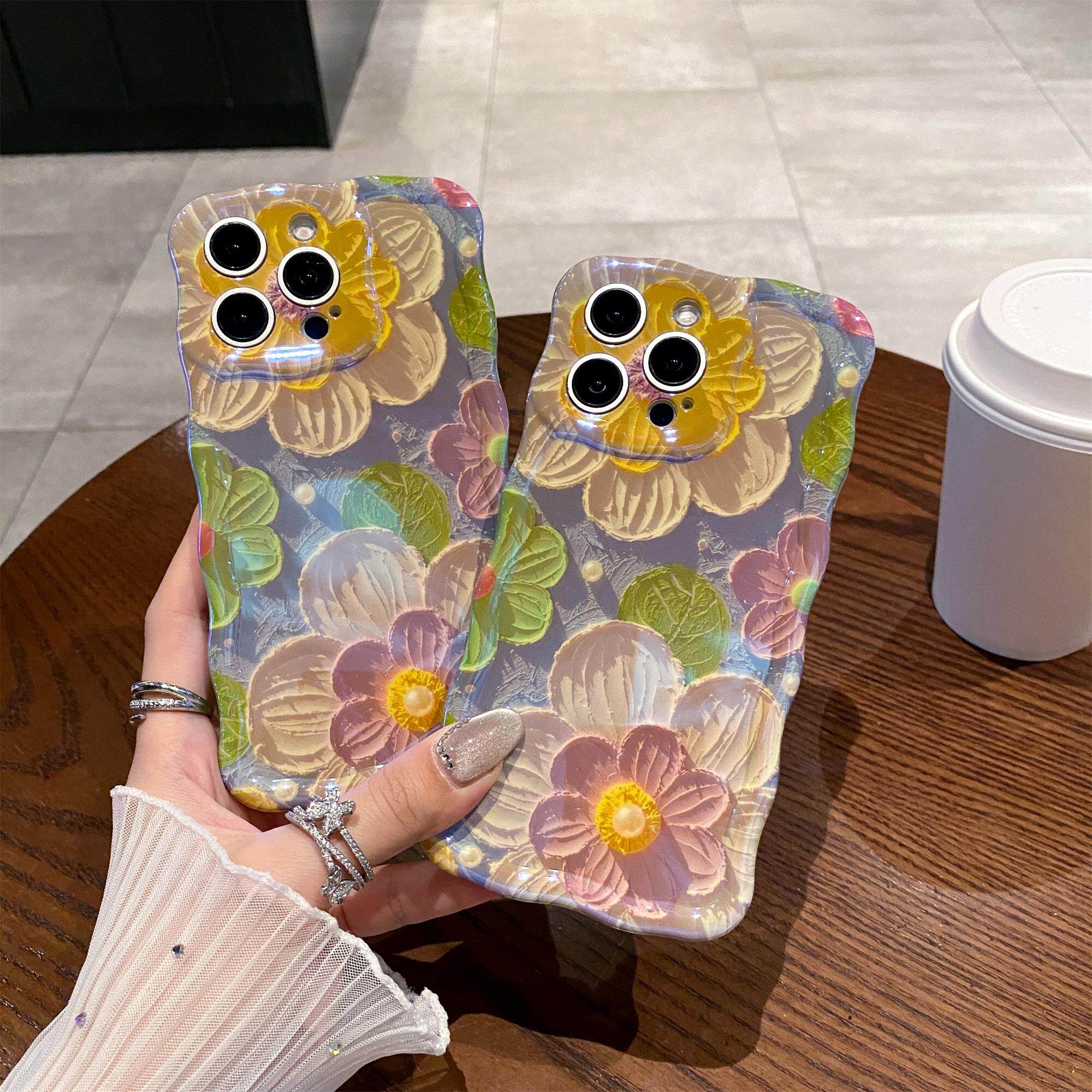 油画花朵适用iPhone16promax高颜值手机壳苹果17promax波浪边手机壳15promax复古软壳14防摔13女款12高级感11