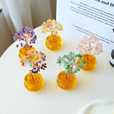 黄水晶聚宝盆发财树家居客厅办公室桌面装饰品摆件招财树跨境