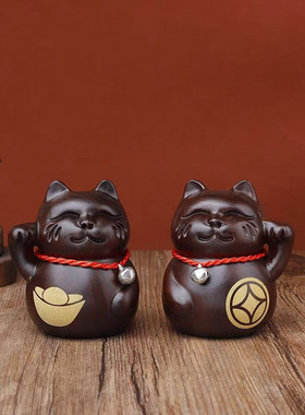 黑檀木雕招财对猫摆件实木质可爱猫咪开业店铺收银台家居发财小猫