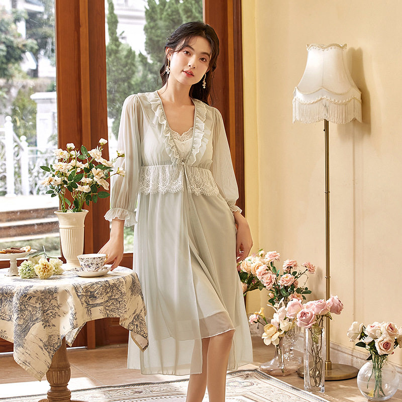 法式宫廷风蕾丝吊带带胸垫睡裙两件套舒适优雅轻奢睡衣女家居服