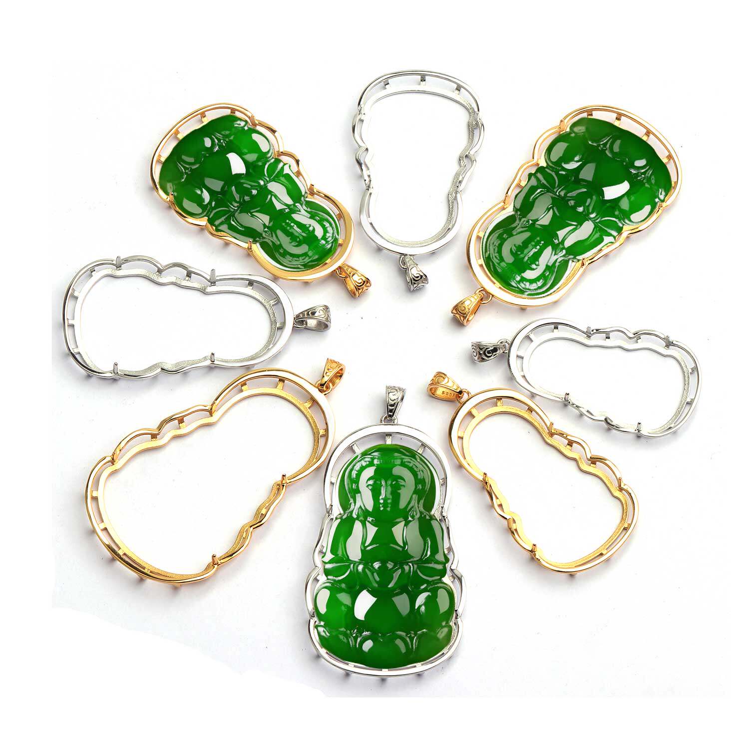 s925纯银观音包边银套吊坠空托未镶嵌翡翠水晶度母吊坠套防裂空托