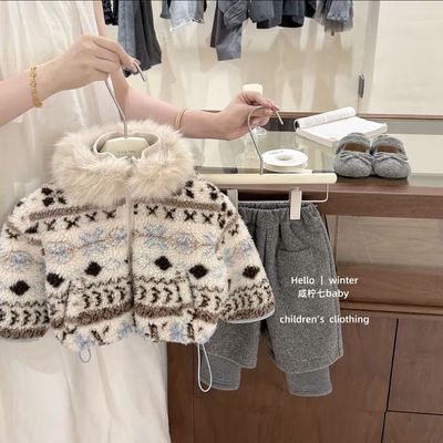 费尔岛女童外套加绒加厚复古提花可拆卸毛领羊羔毛外套秋冬上衣