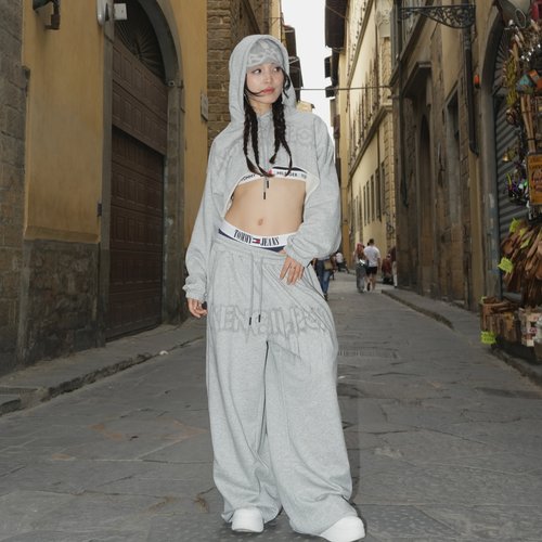 KencilBox千笔盒子潮流原创街舞街头长袖露腰连帽短款灰卫衣卫裤