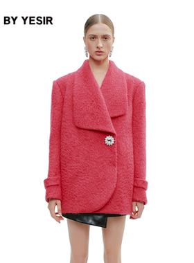 YES BY YESIR叶谦25冬新款绵羊毛马海毛静奢茧形短大衣毛呢外套