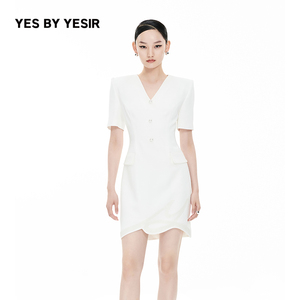 YES BY YESIR叶谦原创设计师春新款Y字珠绣下摆西装连衣裙