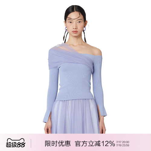 紫罗兰斜肩拼纱针织套头衫