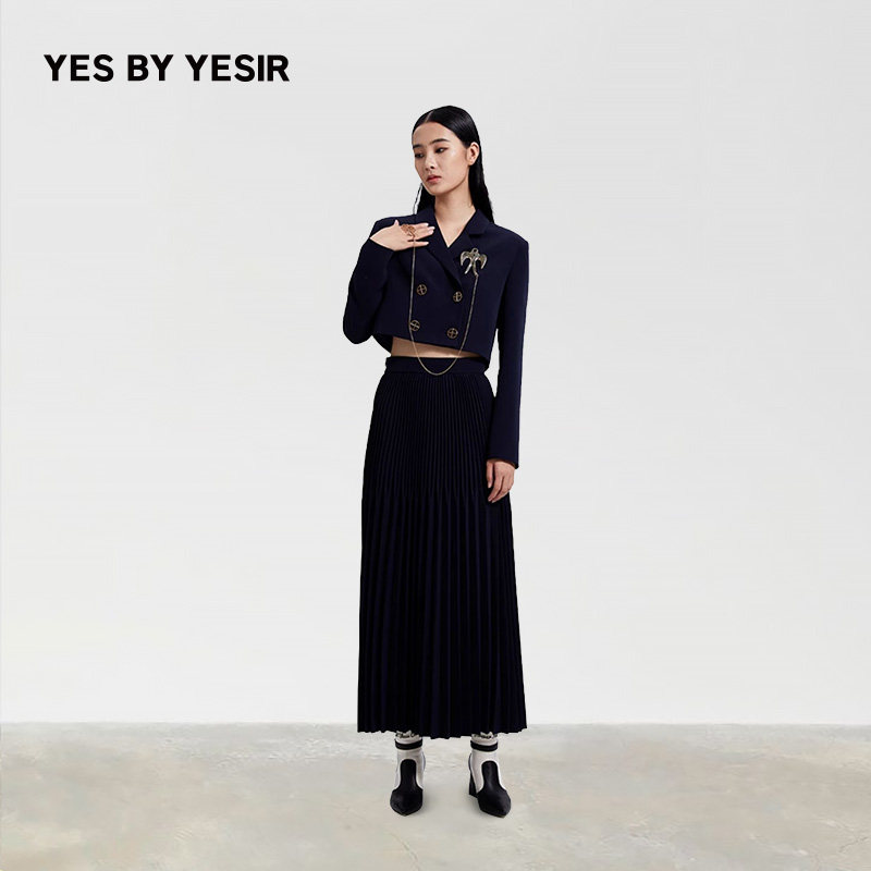 迪丽热巴同款YES BY YESIR叶谦原创设计师秋冬女中长百褶裙半身裙