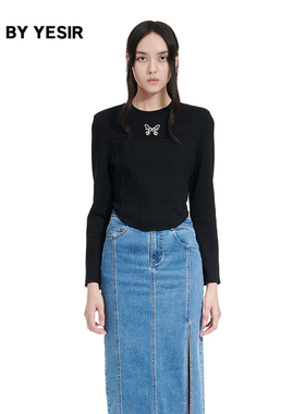 YES BY YESIR叶谦原创设计师Y2K简约修身短款圆领金属蝴蝶骨卫衣