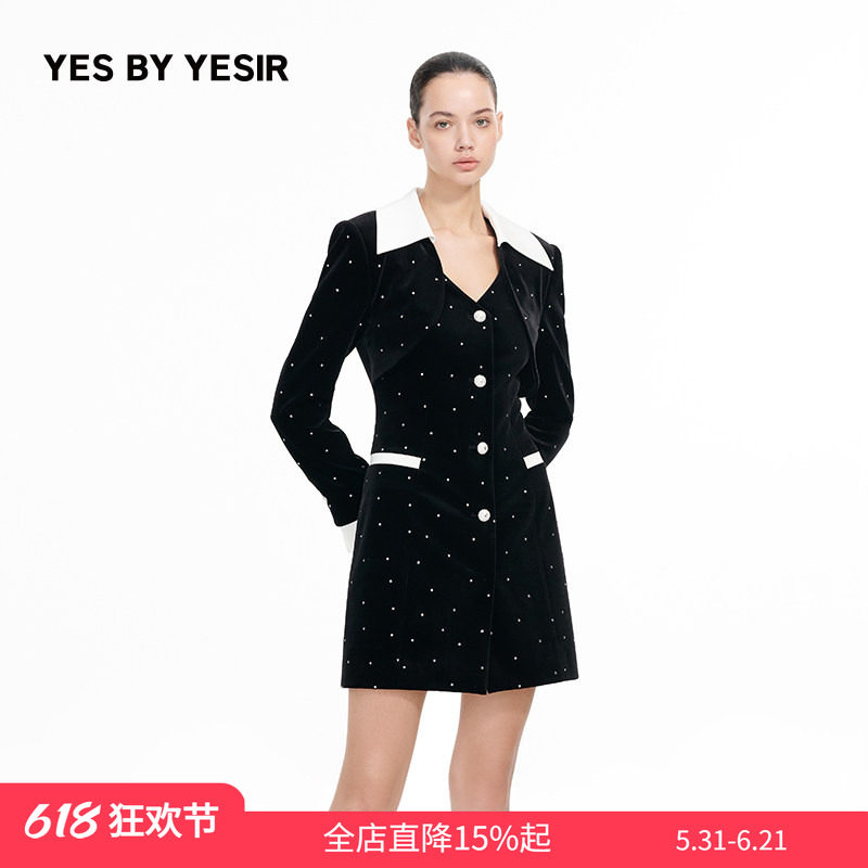 YES BY YESIR叶谦原创设计秋新款格雷撞色烫钻丝绒西服连衣裙