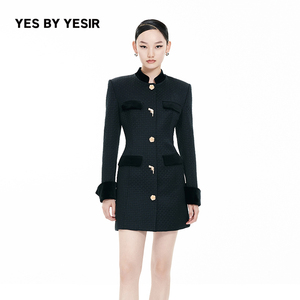 YES BY YESIR叶谦原创设计师秋女士收腰百搭提花呢格连衣裙