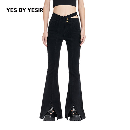 露腰不对称开衩牛仔裤