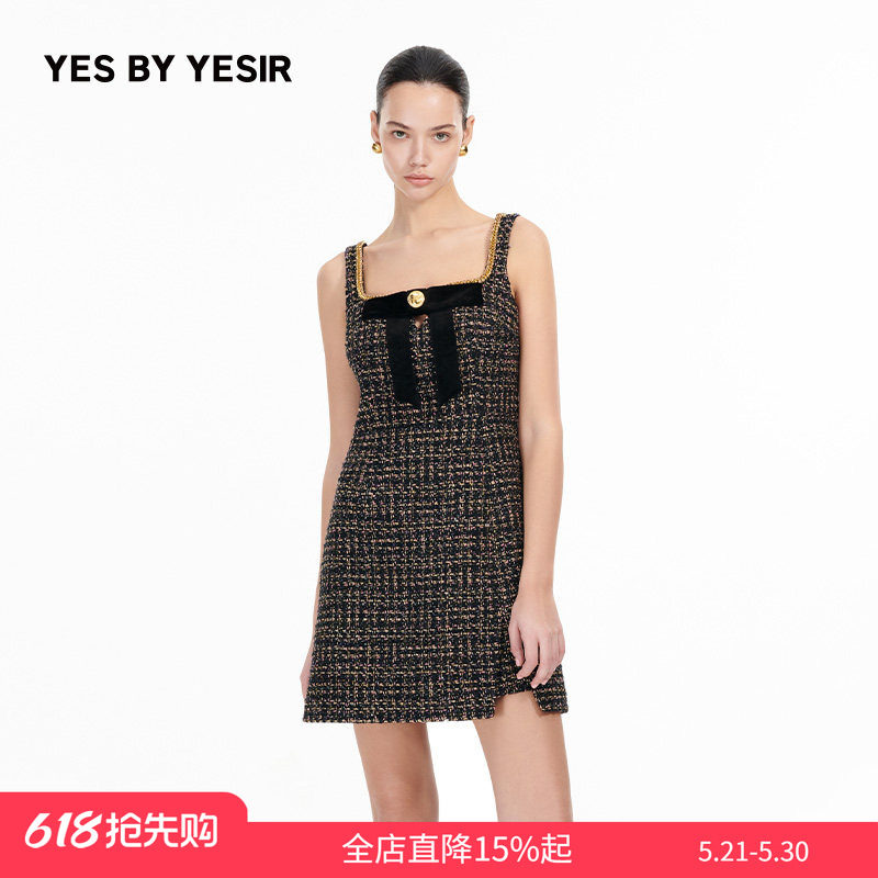 YES BY YESIR叶谦原创设计秋新款黑金舞会名媛香风吊带连衣裙