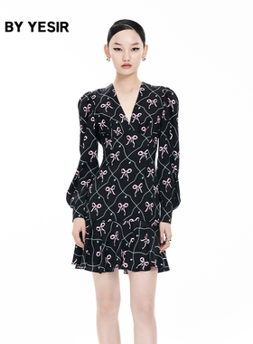 YES BY YESIR叶谦原创设计师春新款女舞会蝴蝶结V领连衣裙