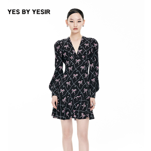 女舞会蝴蝶结V领连衣裙 YESIR叶谦原创设计师春新款 YES