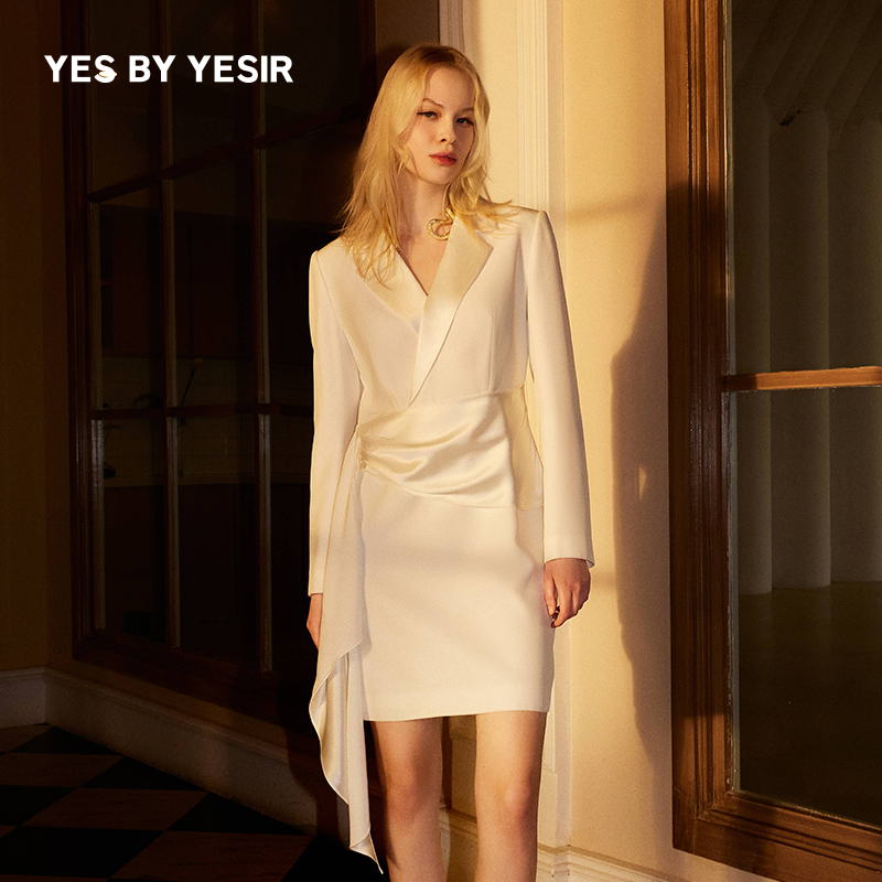 刘亦菲同款YES BY YESIR叶谦原创设计25年春荡褶不对称西服连衣裙