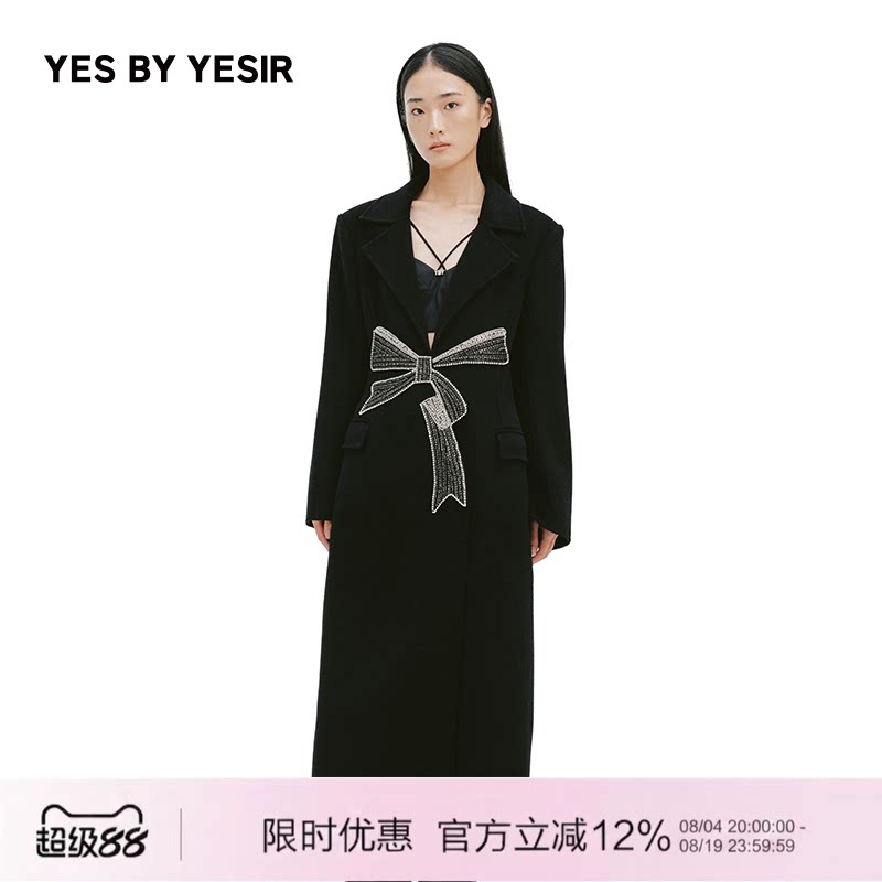 YES BY YESIR叶谦原创设计师冬新款重工蝴蝶结长毛呢大衣