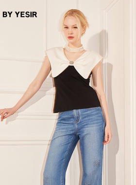 YES BY YESIR谦原创设计25夏新款大蝴蝶结领撞色T恤上衣针织衫