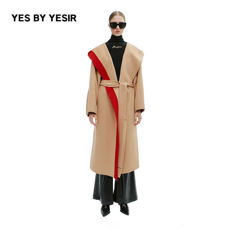 马艳丽同款YES BY YESIR叶谦原25新款静奢浴袍系带长毛呢大衣