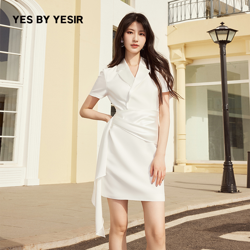 静奢荡褶不对称西服连衣裙