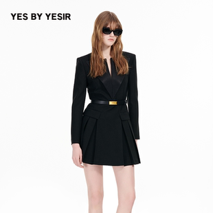 绵羊毛V领百褶西服连衣裙 YESIR叶谦原创设计秋新款 YES
