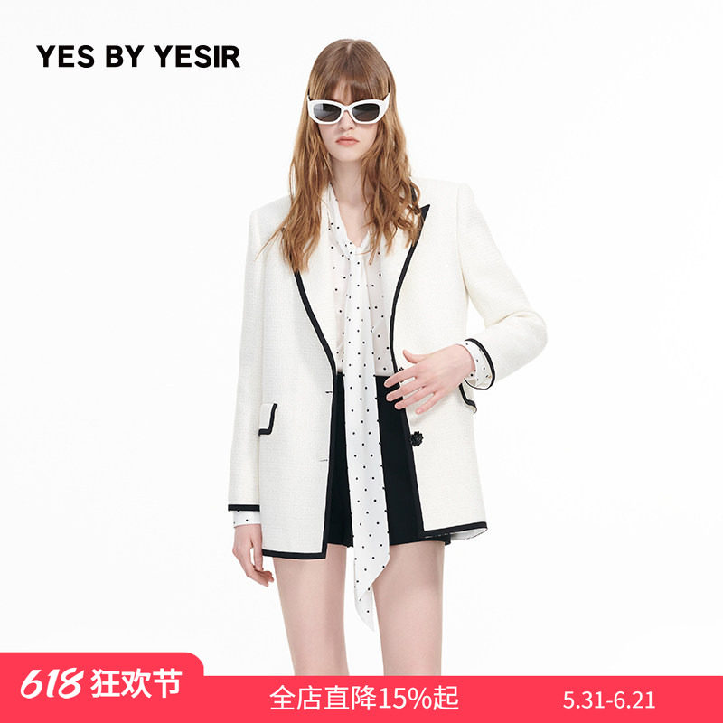 YES BY YESIR叶谦原创秋新律政佳人黑白撞边香风垫肩西服外套