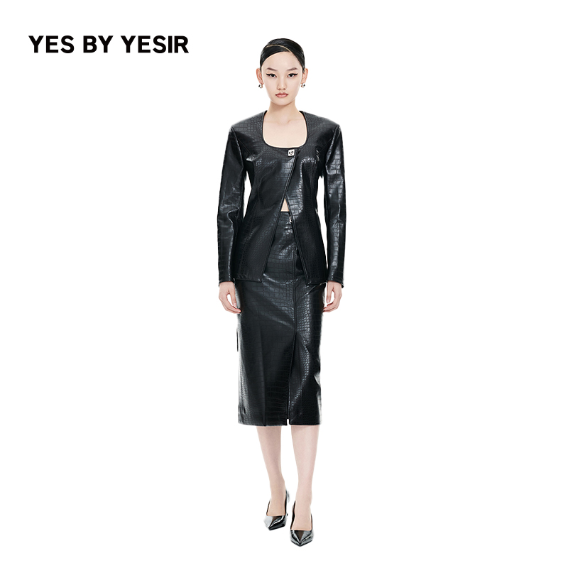 显瘦高腰骑士pu皮衣套装