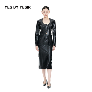 YESIR叶谦原创设计师秋显瘦高腰骑士pu皮衣套装 YES