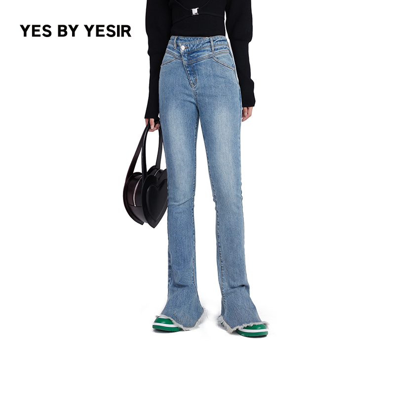 叶谦原创牛仔裤高腰微喇修身显瘦