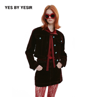 叶谦原创设计红丝绒牛仔夹克短外套套装 YESIR2025年秋新款 YES