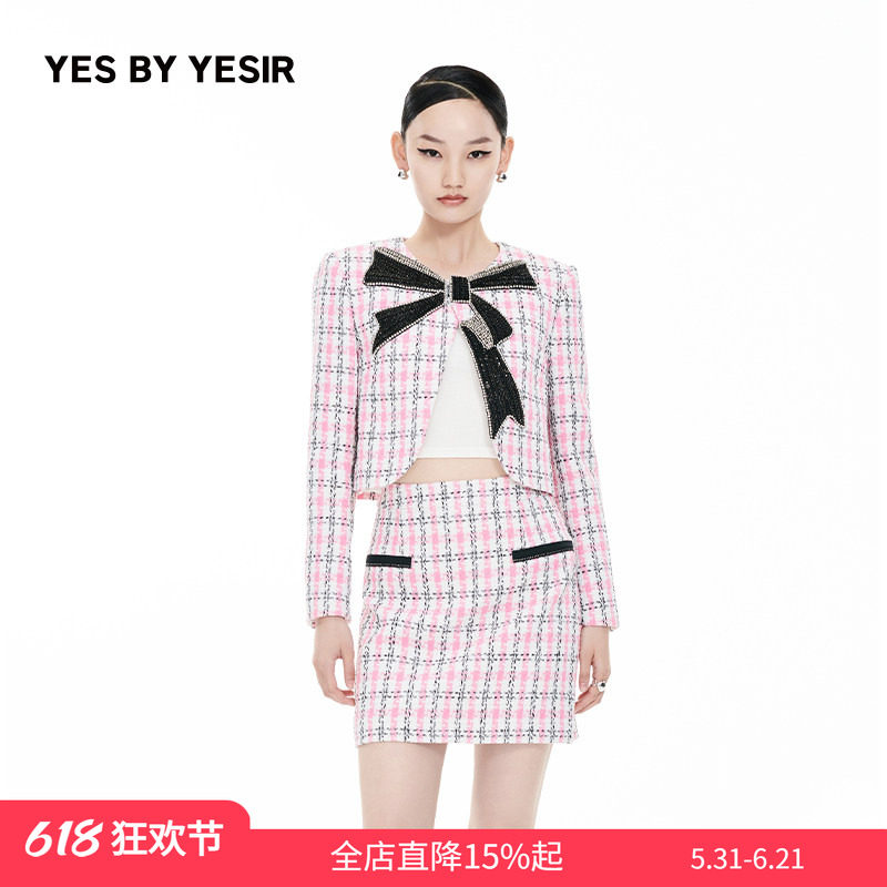 YES BY YESIR叶谦原创设计师春新款名媛蝴蝶结香风夹克短裙
