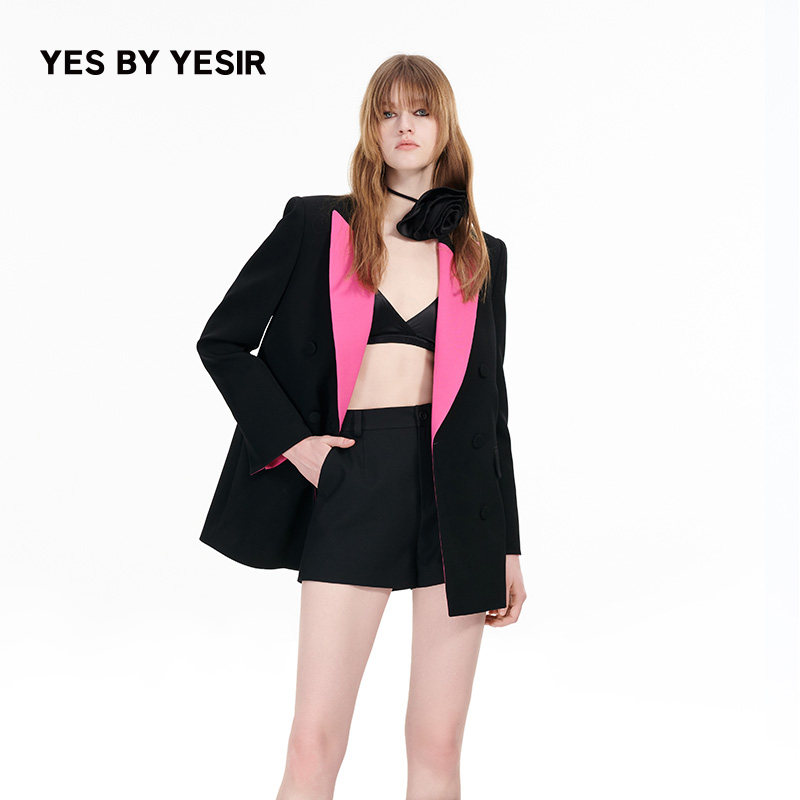 YES BY YESIR叶谦原创设计24秋新款西装羊毛通勤黑粉撞色西服,女装/女士精品,西装,淘宝优惠券,粉丝福利购,淘宝优惠卷