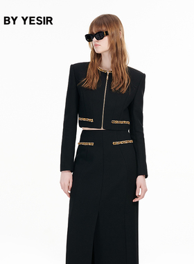 YES BY YESIR叶谦原创设计秋新款绵羊毛金边装饰短款外套套装