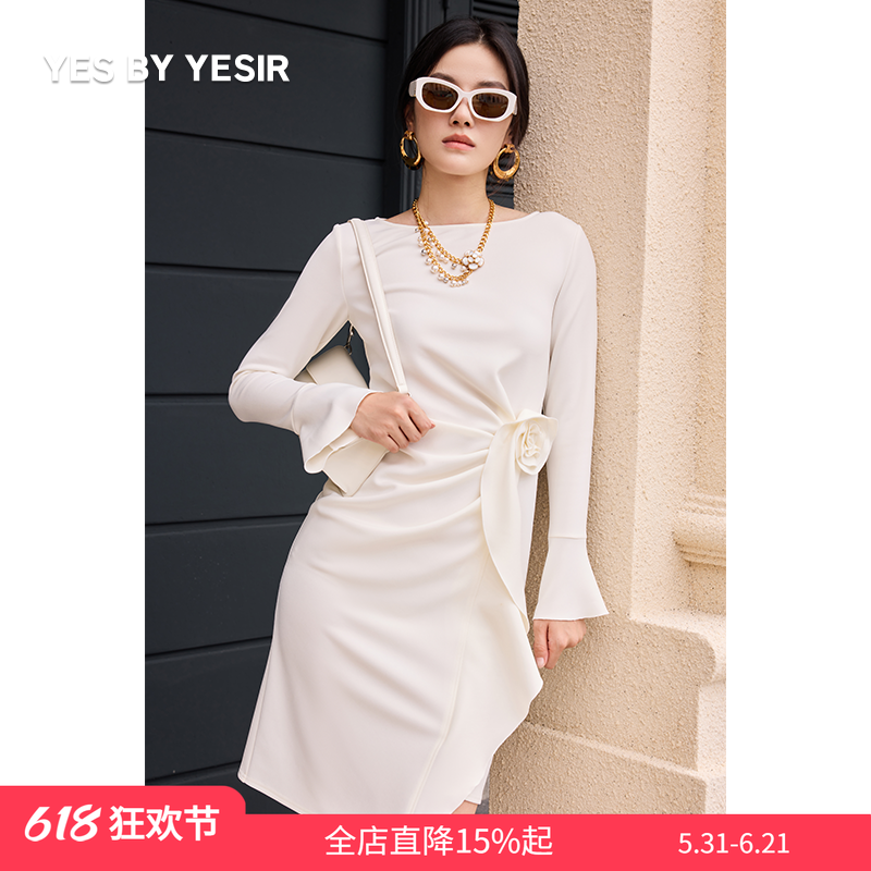 李一桐同款YES BY YESIR叶谦原创立体花朵摇曳之花长袖连衣裙