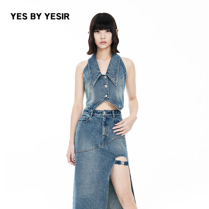 姚安娜同款YES BY YESIR叶谦原创设计夏新款个性短款牛仔马甲