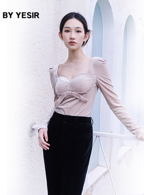 YES BY YESIR叶谦原创设计秋新款丝绒烫钻立裁蝴蝶结连体上衣