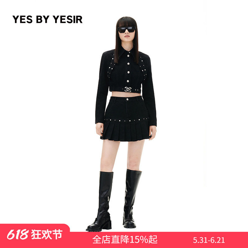 YES BY YESIR叶谦原创设计师秋短款铆钉朋克牛仔套装