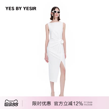 王子文&关晓彤同款YES BY YESIR叶谦夏新款立体花朵开衩连衣裙