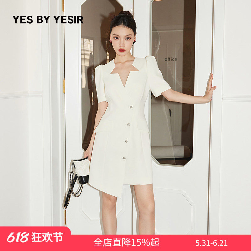 YES BY YESIR叶谦原创设计师秋新款裙子奶酪星领西装连衣裙