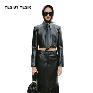 YESIR叶谦2025年秋新款 诗意军旅皮领带皮衣外套 YES 金丰同款