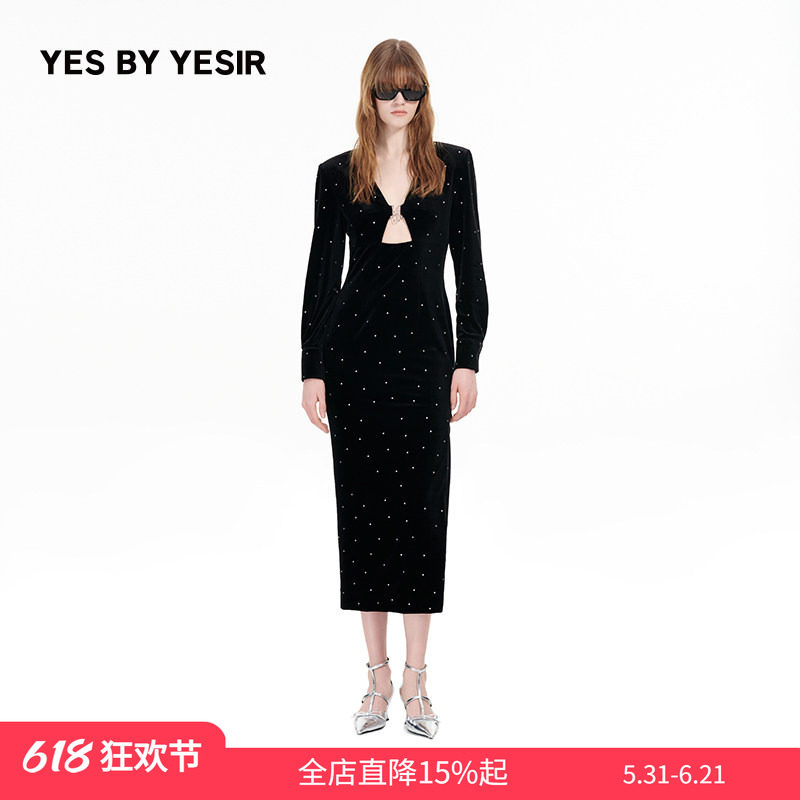 李艾同款YES BY YESIR叶谦原创设计秋新款静奢镂空烫钻轻礼服