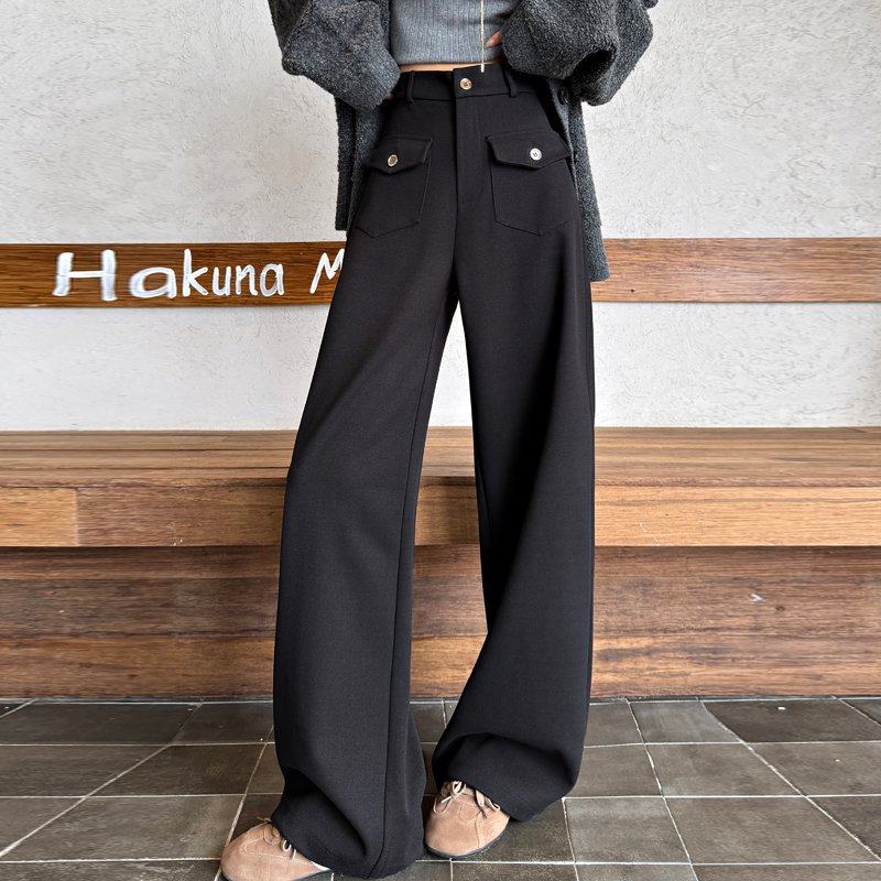 黑色羊毛呢阔腿裤女秋冬季加厚高腰垂感窄版西装裤直筒松弛感裤子,女装/女士精品,休闲裤,淘宝优惠券,粉丝福利购,淘宝优惠卷
