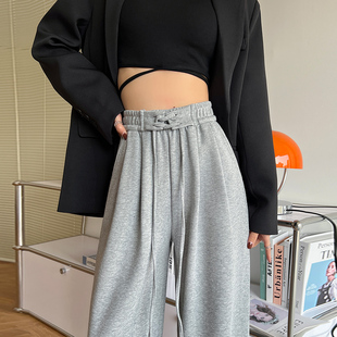 子绑带直筒休闲卫裤 灰色运动裤 胖mm高腰垂感阔腿裤 大码 女春秋夏季