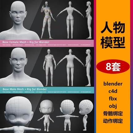 blender/C4D人物3d模型基础网格建模fbx/OBJ编辑角色绑定骨骼动作