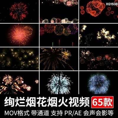 烟花绽放节日喜庆礼花升空爆炸粒子元素ae/pr透明底通道视频素材