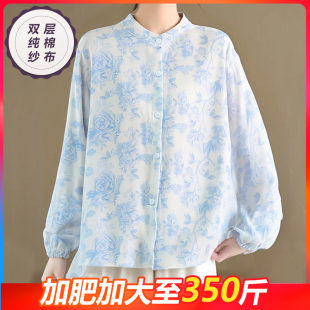 春秋宽松胖mm寸衣 200斤300斤衬衫 纯棉纱布女长袖 单上衣加肥加大码