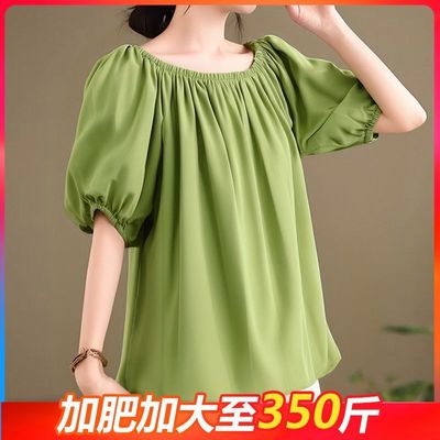 人造棉女短袖T恤棉绸胖mm夏季加肥加大码200斤300斤一字领单上衣